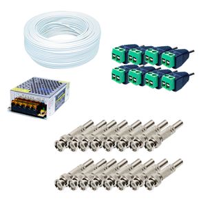 Kit de Acessórios para 08CH - 16 Conectores BNC + 08 Conectores P4 + 01 Cabo Coaxial 4mm 100mts + 01 Fonte 10A | Portal das Câmeras - portaldascameras